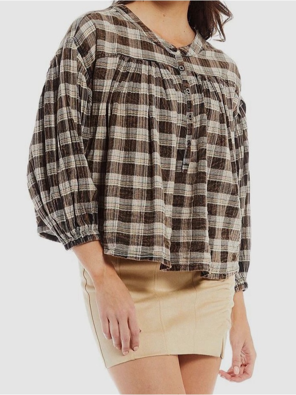 Free People Jessi Plaid Balloon Sleeve Henley Top Small